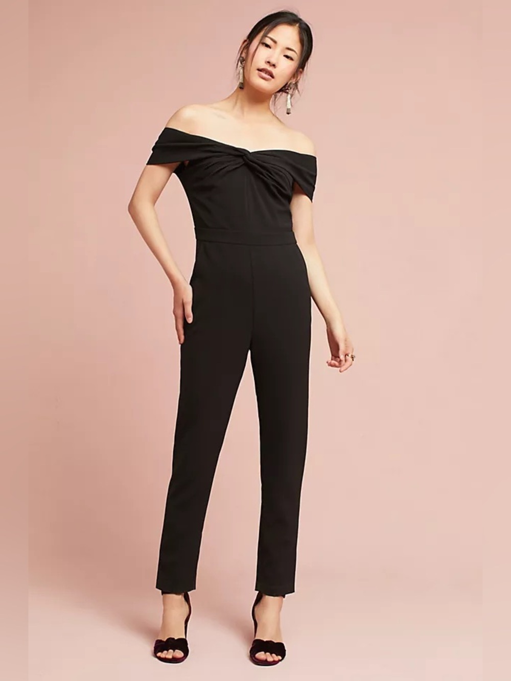 ANTHROPOLOGIE | ADELYN RAE Karlie Off-the-shoulder knotted black Jumpsuit